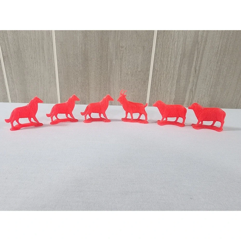 VIntage Farm Animal Figurines Red Plastic Dog Goat Sheep Set of 6